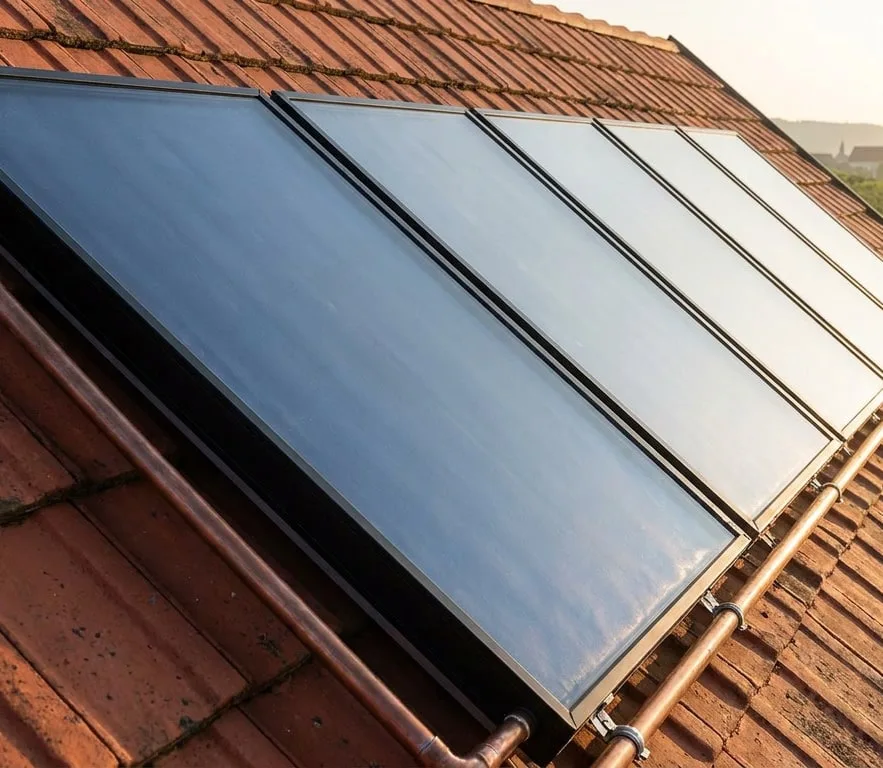Solarthermie-Kollektoren mit Kupferleitungen auf einem Ziegeldach