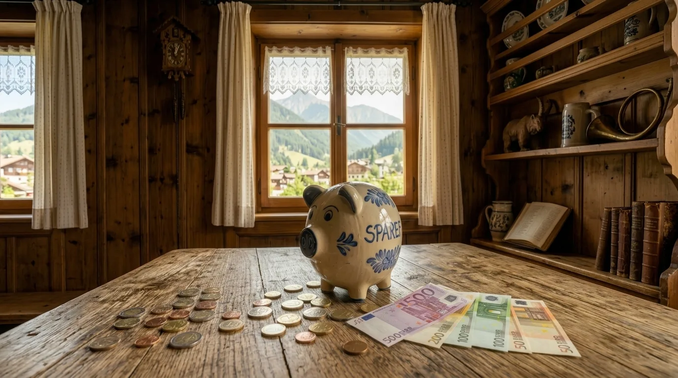 Sparschwein mit Euromünzen und Geldscheinen auf einem Holztisch