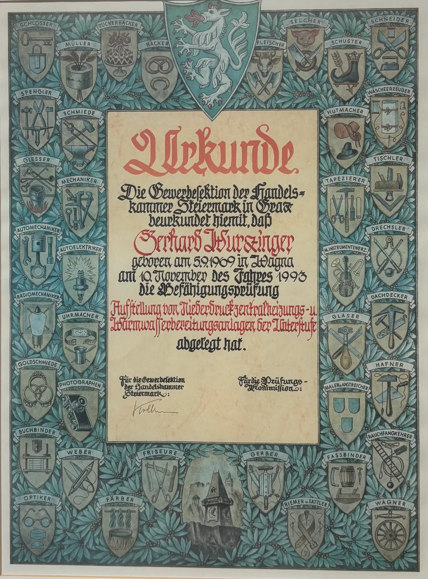 Urkunde der Befähigungsprüfung für Niederdruckzentralheizungs- und Warmwasserbereitungsanlagen, 1993