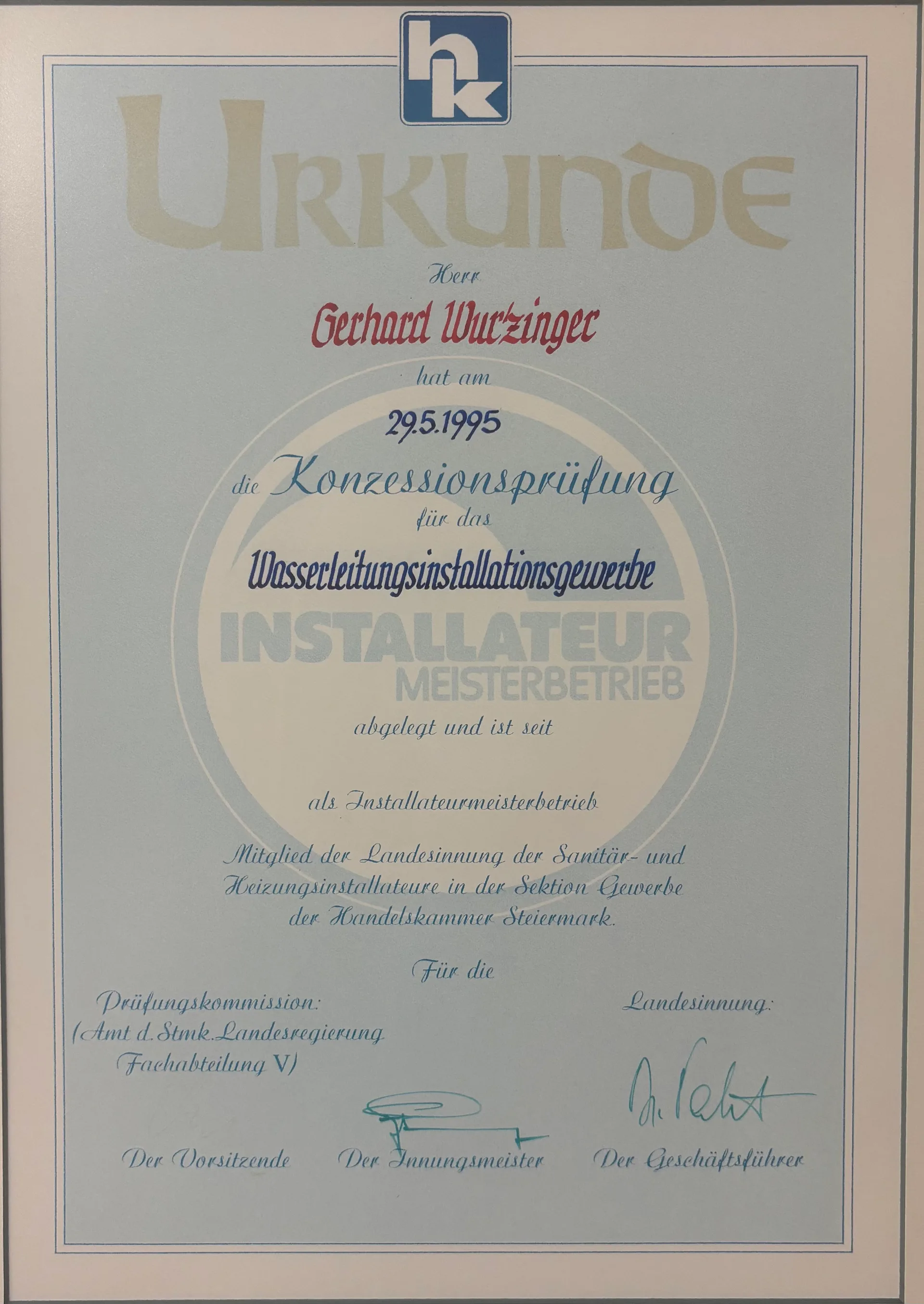 Urkunde der Konzessionsprüfung für das Wasserleitungsinstallationsgewerbe, Installateur-Meisterbetrieb, 1995
